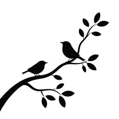 Two silhouetted birds perched on a branch with leaves