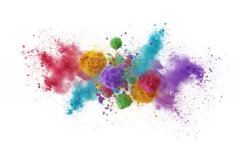 Colorful explosion of spherical particles hues of pink yellow purple green blue  white against a black backdrop