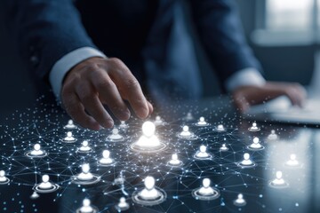 Businessman interacting with a network of digital people