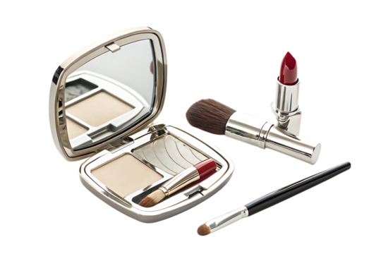 Open pocket mirror brush and lipstick PNG Image