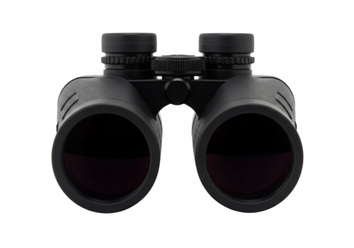 Black binoculars stand against a black background lenses facing forward