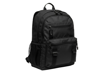 Black backpack eyelevel view multipocket design against a plain black background