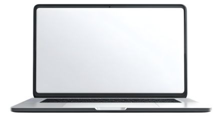 One opened laptop with blank screen, modern angle, on isolated transparent background