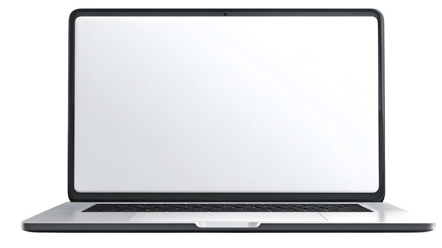 One opened laptop with blank screen, modern angle, on isolated transparent background