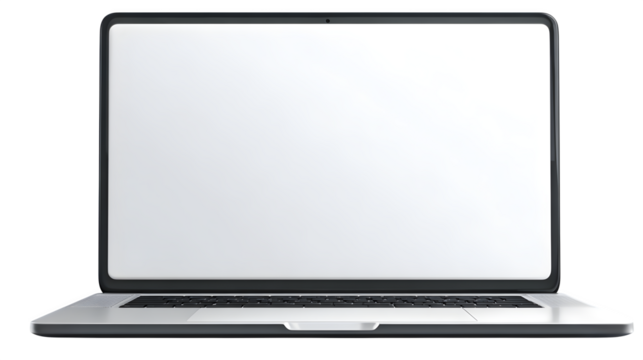 One opened laptop with blank screen, modern angle, on isolated transparent background