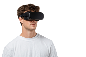 Young man wearing virtual reality headset, isolated on transparent background. Concept of technology, gaming, metaverse, and futuristic digital experience