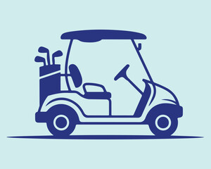 Navy Blue Golf Cart Silhouette with Golf Clubs on Light Blue Background