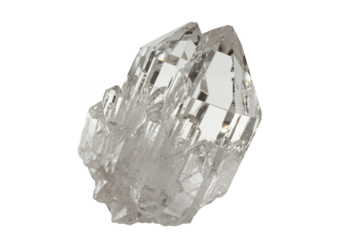 A clear quartz crystal formation against a black backdrop with intricate facets and light refraction