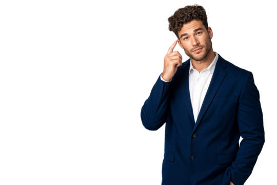 Confident young businessman in a blue suit making a thinking gesture, concepts of decision-making, strategy, and business ideas