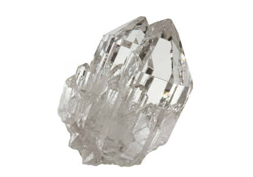 A clear quartz crystal formation against a black backdrop with intricate facets and light refraction