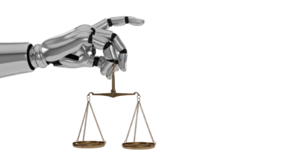 A robot hand holding justice scales. featuring robot, hand, scale. This image is ideal for use in various financial contexts.