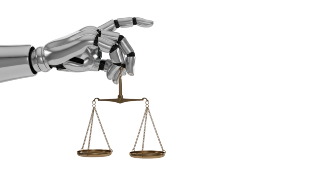 A robot hand holding justice scales. featuring robot, hand, scale. This image is ideal for use in various financial contexts.