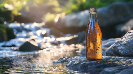 glass bottle on wet rock with condensation, small stream flowing nearby, outdoor natural setting.
