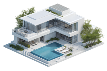 L-Shaped Luxury Modern Villa with Pool and Outdoor Furniture, Top Angled View, Isolated on Transparent Background