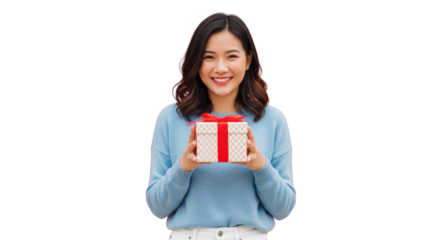 A smiling asian woman holding gift. featuring woman, Asian, gift. This image is ideal for use in various financial contexts.