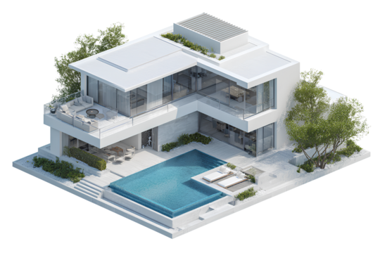 L-Shaped Luxury Modern Villa with Pool and Outdoor Furniture, Top Angled View, Isolated on Transparent Background
