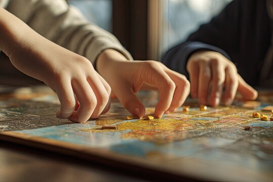 Close-up of children's hands playing a board game - Powered by Adobe