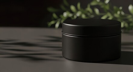 Premium mockup-style image of a black matte circular tin jar placed on a dark neutral surface,