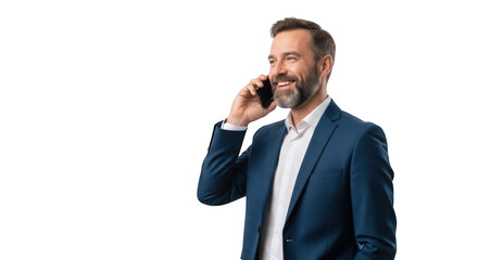 A smiling businessman talking on phone. featuring businessman, man, phone. This image is ideal for use in various financial contexts.