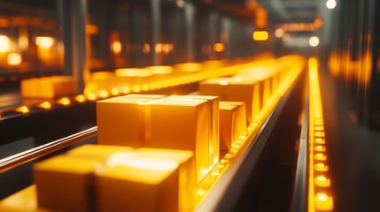 Obraz premium Cardboard boxes moving on a conveyor belt in a warehouse.