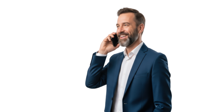 A smiling businessman talking on phone. featuring businessman, man, phone. This image is ideal for use in various financial contexts.