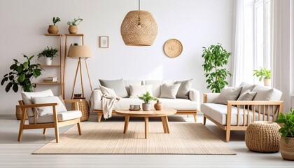 Bright living room interior with natural light, featuring a sofa, armchairs, plants, and woven textures for a cozy and inviting atmosphere.