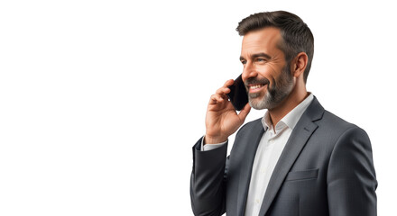A smiling businessman talking on smartphone. featuring businessman, man, phone. This image is ideal for use in various financial contexts.