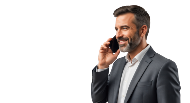 A smiling businessman talking on smartphone. featuring businessman, man, phone. This image is ideal for use in various financial contexts.