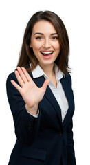 A smiling businesswoman waving hand isolated white. featuring woman, business, happy. This image is ideal for use in various financial contexts.