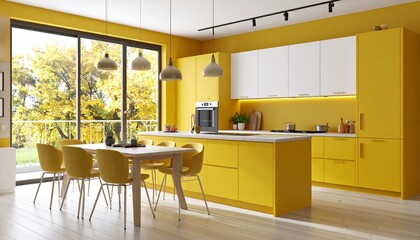 Bright yellow kitchen with dining area featuring a table with chairs, central island, white cabinets, and large window overlooking trees.