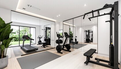 Bright, modern home gym featuring a treadmill, exercise bike, weight bench, and pull-up bar, reflected in large mirrors, with a view of a green garden.
