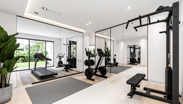 Bright, modern home gym featuring a treadmill, exercise bike, weight bench, and pull-up bar, reflected in large mirrors, with a view of a green garden. - Powered by Adobe
