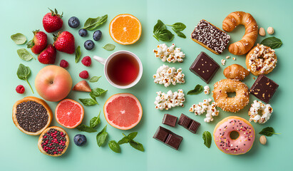 A colorful visual split of healthy and unhealthy foods on a mint green background