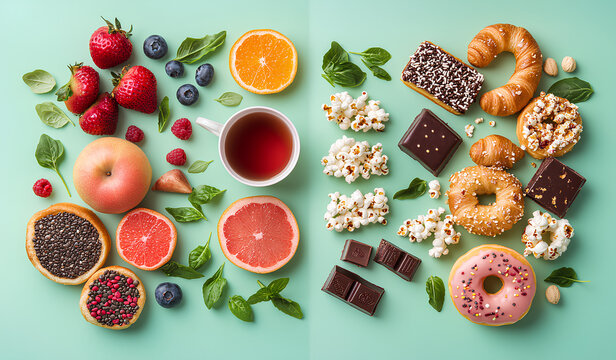 A colorful visual split of healthy and unhealthy foods on a mint green background