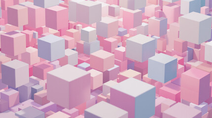 Obraz premium A dense, abstract field of pastel-colored cubes in varying sizes and shades of pink, white, and light blue, creating a three-dimensional, almost city-like landscape with a soft, dreamy aesthetic