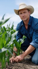 Farmer is planting corn seeds, tending to crops, and touching young corn stalks in a lush field with clear skies above