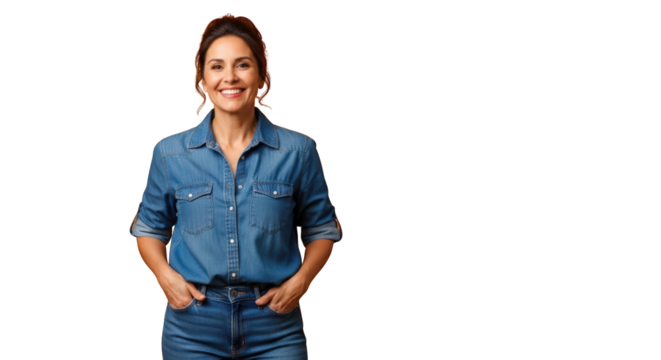 A smiling woman in denim shirt. featuring woman, female, person. This image is ideal for use in various financial contexts.