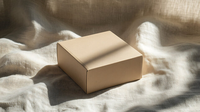 recyclable packaging box mockup on linen with clean shadows and editorial studio lighting, modern branding look.