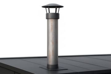 Metal chimney pipe with rain cover on flat roof with transparent background