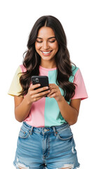 A smiling woman using smartphone happy. featuring woman, female, girl. This image is ideal for use in various financial contexts.