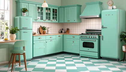 A bright, retro-style kitchen with mint green cabinets, appliances, and checkerboard flooring. The kitchen features a vintage refrigerator, stove, and ample counter space.