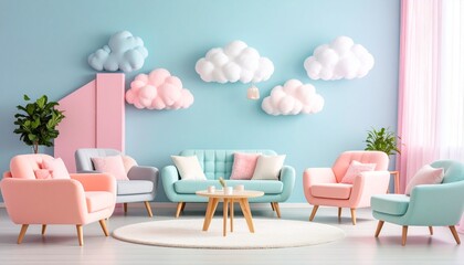 Obraz premium Pastel-colored living room interior with a light blue wall decorated with fluffy cloud shapes, featuring a sofa, armchairs, a round rug, and potted plants.