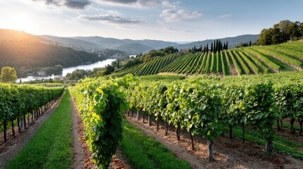 Naklejka premium Vivid sunset colors envelop a vineyard, highlighting the lush grapevines and mountains, creating a peaceful and tranquil atmosphere