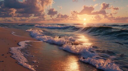 Serene Beach Scene with Sunset Over Ocean Waves and Cloudy Sky