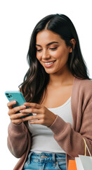A smiling woman using smartphone online. featuring woman, female, girl. This image is ideal for use in various financial contexts.