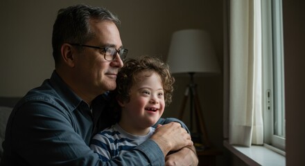 Father hugging son with Down syndrome while looking out window