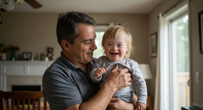 Man smiling while holding baby with Down syndrome at home