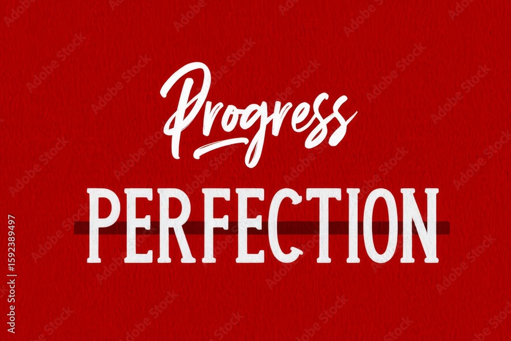 Fototapete text encouraging progress over perfection, with perfection crossed out and progress written above on