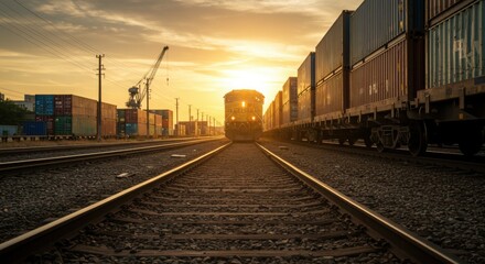 Obraz premium Freight train transporting shipping containers at sunset on railway 