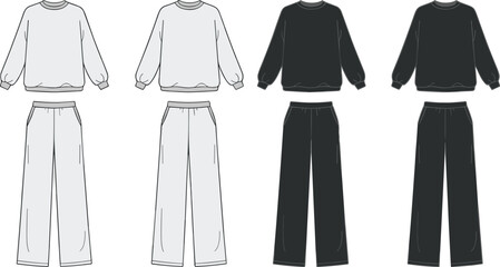 Sweatshirt and sweatpants front view set for women in gray and black colors, cad drawing flat vector illustration, fashion garment sketch template.